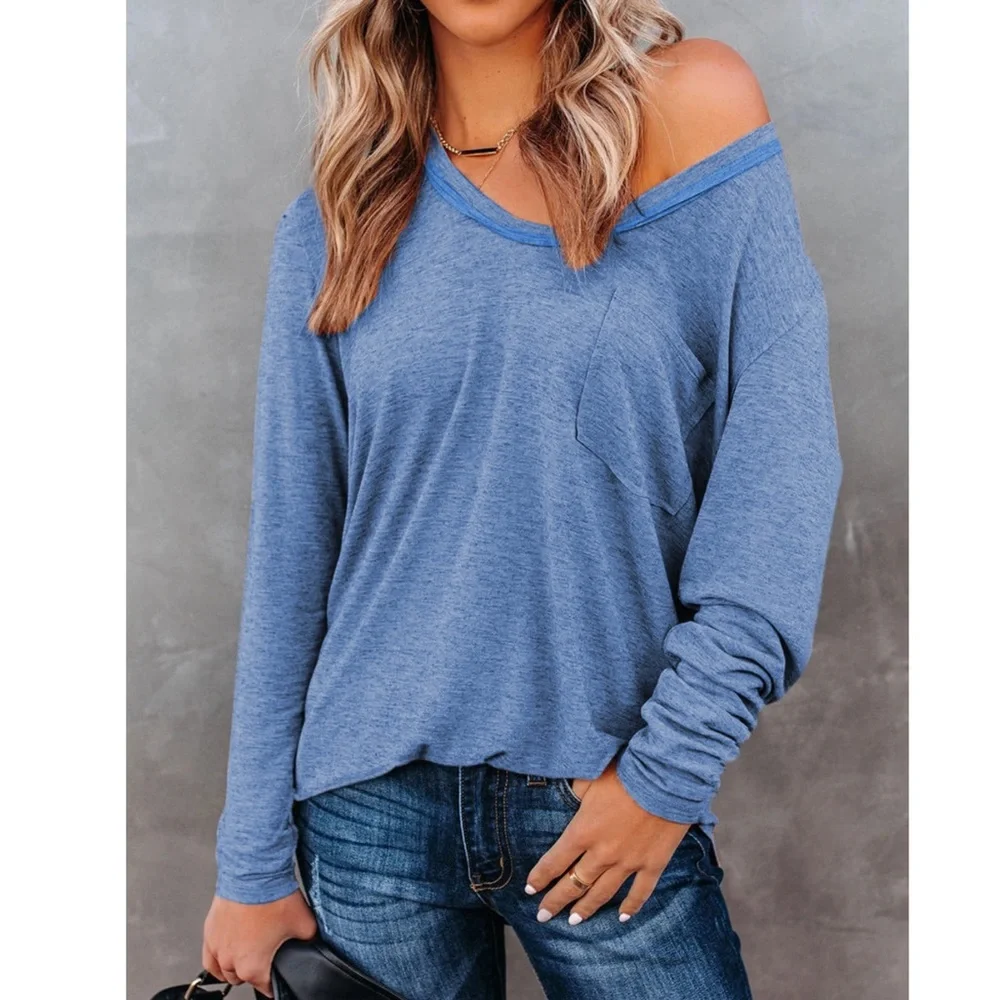 Boutique Brand Sky Blue V Neck Long Sleeve Pocket Top 💗